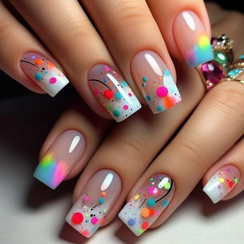 Summer Sweetheart Handmade Short Coffin Press On Nails Dreamy Stars Moon Colorful Cute Fake Nails For Girls