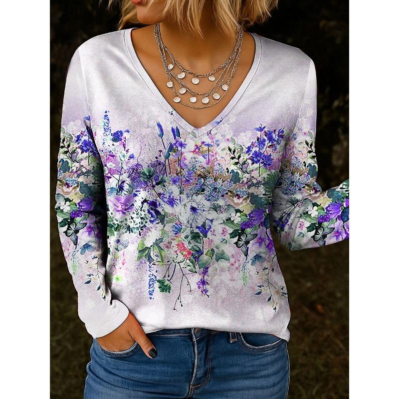 Damen T-Shirts Floral Grafik Pflanzen V-Ausschnitt Langarm T-Shirts Elegant Trendige Tees Reguläre Oberteile Damen Pullover Herbst Winter