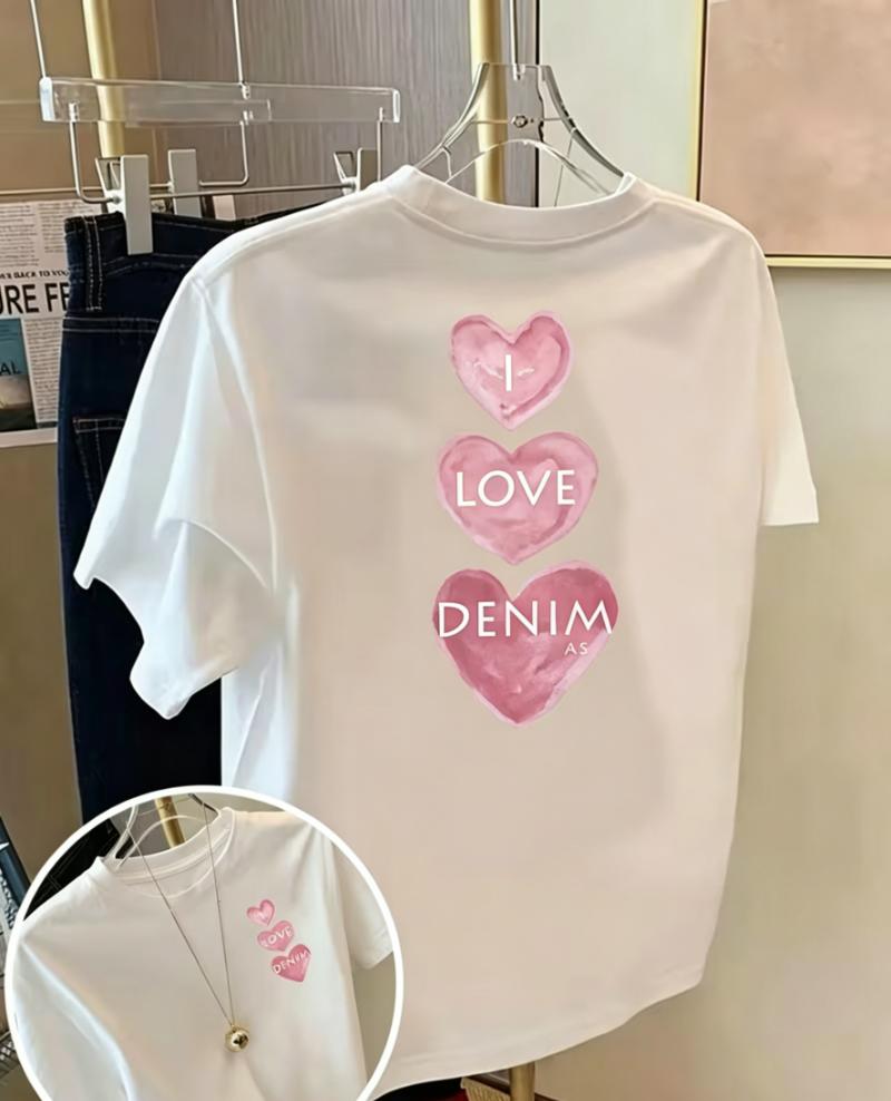 Spring Summer Heart Print T-shirt I Love Denim Graphic Short Sleeve Tops Men Women Casual Loose Streetwear Daily Wear Tee