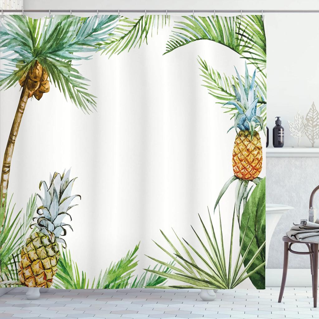 Pineapple Fruit Tropical Shower Curtain For Bathroom Decor Summer Green Leaves Blue Yellow Printed Fabric Waterproof With Hooks