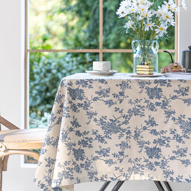 Blue Floral Pastoral Tablecloth, Vintage Cotton Linen Rectangular Table Cover  For Dinner Picnic Coffee Party Table Home Decor