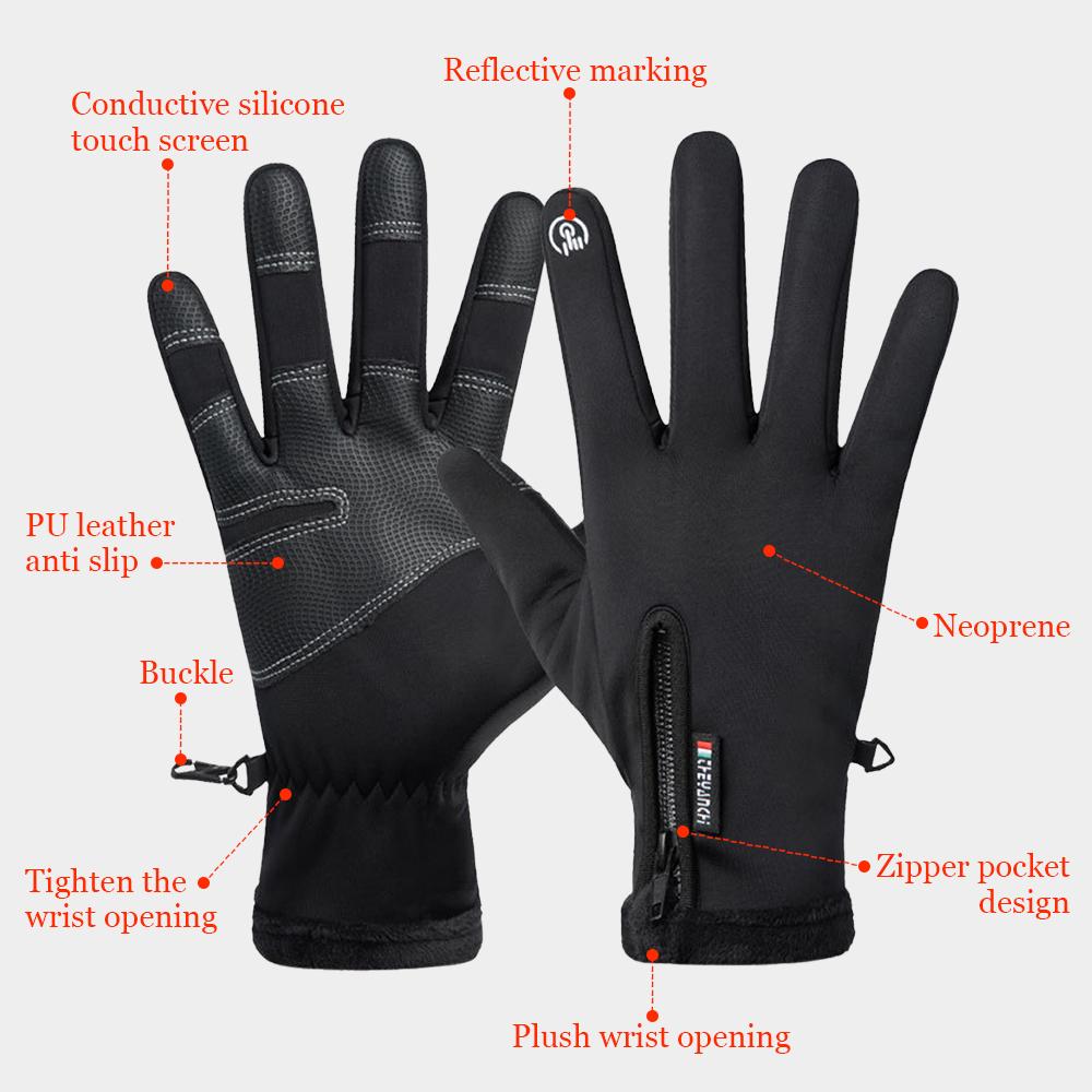 Cycling Gloves Men's Windproof Waterproof Zipper Touch Screen Full Finger Plus Fleece Gloves Skiing Fishing Gloves Winter Warm
