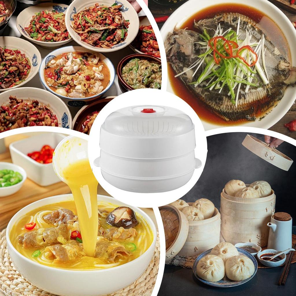 Microwave Steamer with Lid and Tray Kitchen Vegetable Steamer Kitchen Cookware for Heating Meals Pasta Dumpling Meat Bacon Corn
