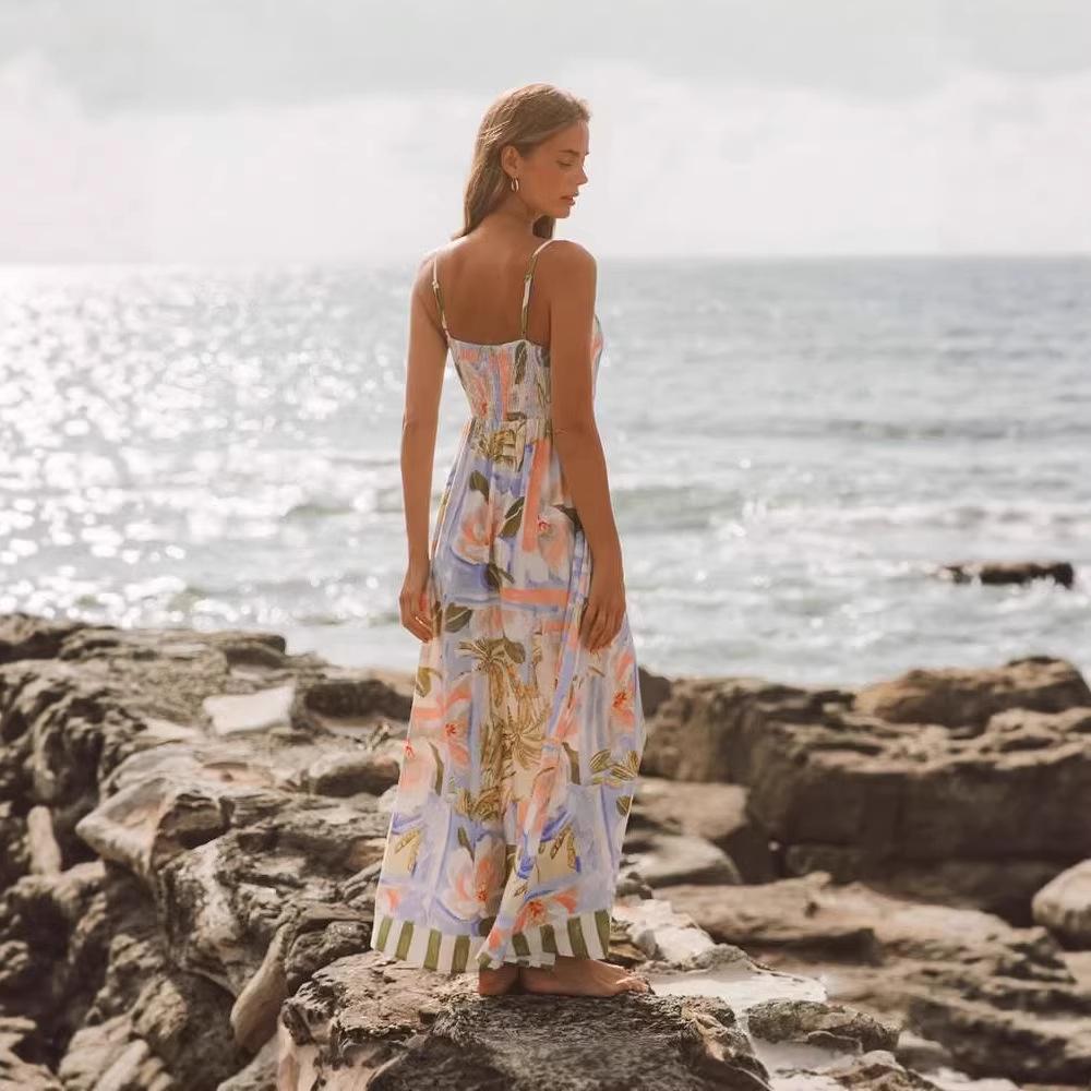 2026 European and American new dress, printed seaside vacation style swinging long dress women's dress
