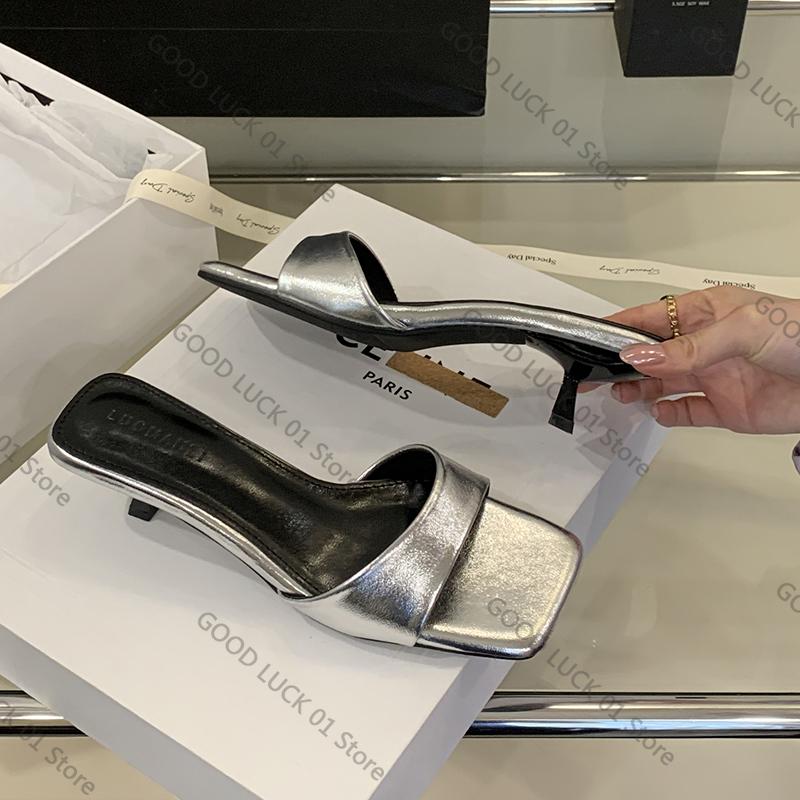 

Fashion 2025 Summer Square Toe Women Silvery Slippers Ladies Elegant Outdoor Street Style Thick Heel Slides Sandalias 35 серебряный