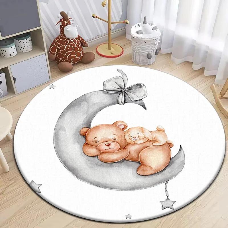 Cartoon Cute Little Bear Animals Round Carpet for Living Room Decor Kid's Bedroom Play Floor Mat Anti-Slip Camping Picnic Mats