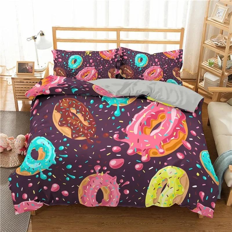 Colorful Donut King Size Duvet Cover Cartoon Sweet Chocolate Dessert Bedding Set for Kids Girl Food Polyester Quilt Cover
