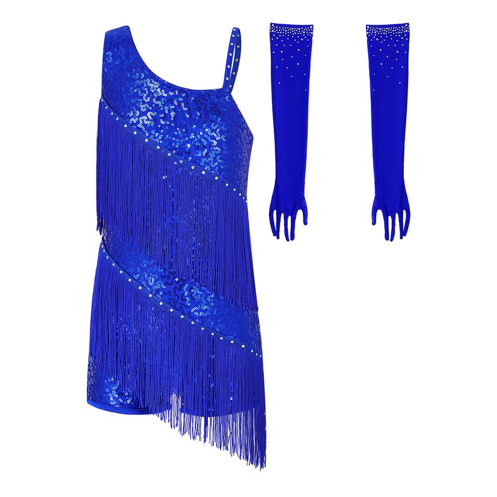 Children‘s Sparkly Rhinestone Latin Outfit Sleeveless Asymmetric Neck Sequin Tassel Bodysuit and Mesh Gloves for Stage Performance