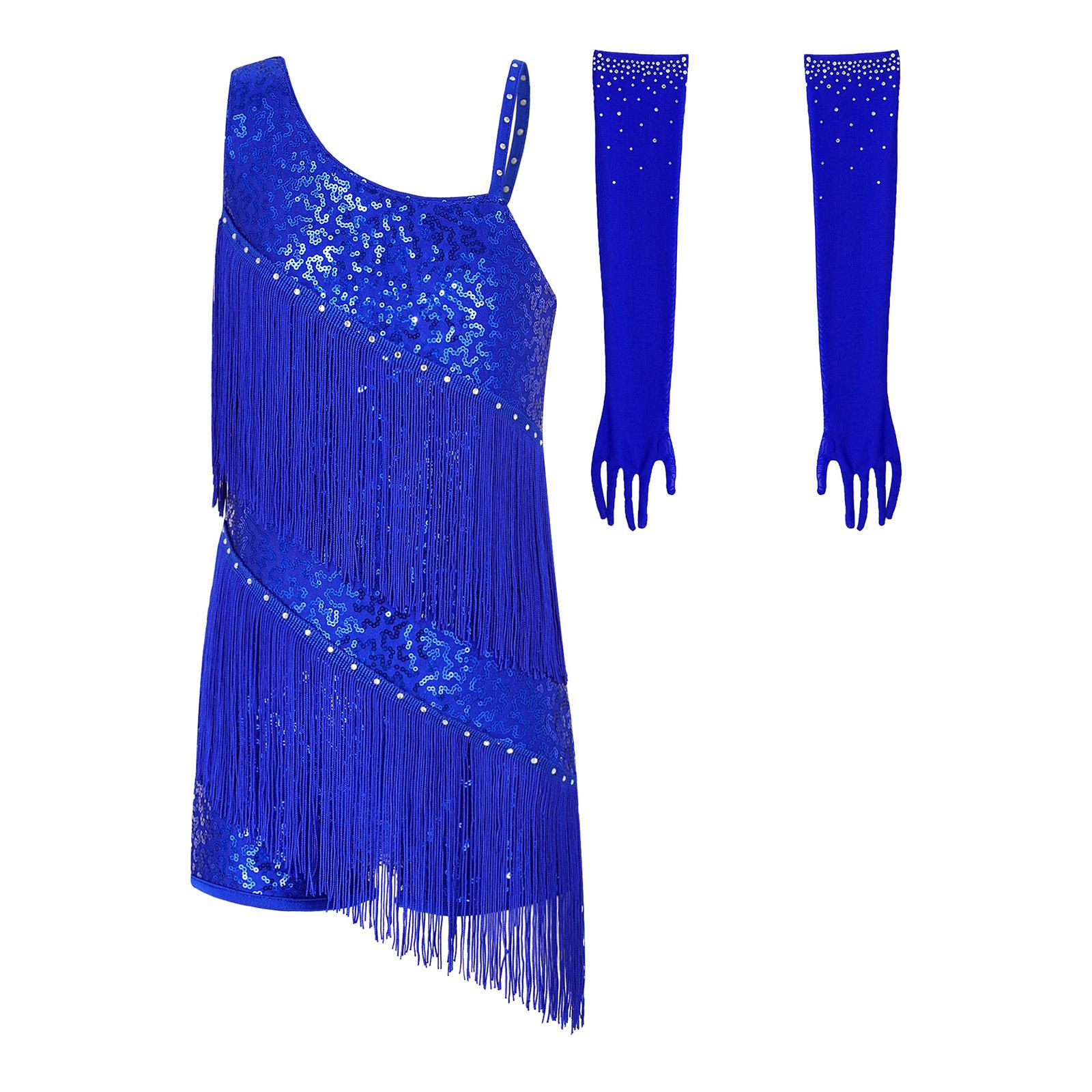 

Kids Girls Latin Dance Leotard Sleeveless Oblique Shoulder Shiny Sequins Rhinestone Tassel with 1 Pair Mesh Gloves for Competition королевский синий