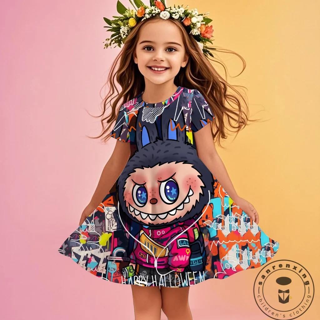 Kuromi New Summer Girls Dress Labubu 3D Printed Fashionable Cartoon Cute Princess Girls Clothes Skirt Party Labubu