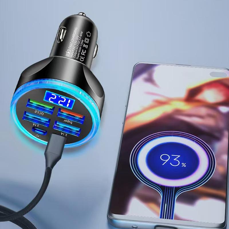6 In 1 Full PD 30W USB Car Charger with Voltmeter Type C 4 USB A Multi Port Super Fast Charging Adapter with Voltage Display New