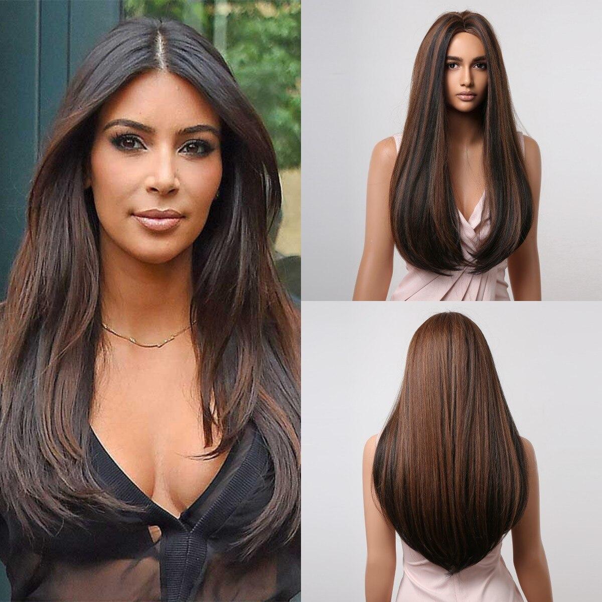 

EASIHAIR длинные коричневые смешанные синтетические парики для женщин, средняя часть, прямые парики для косплея, парик из натуральных волос, термостойкий парик из волокна