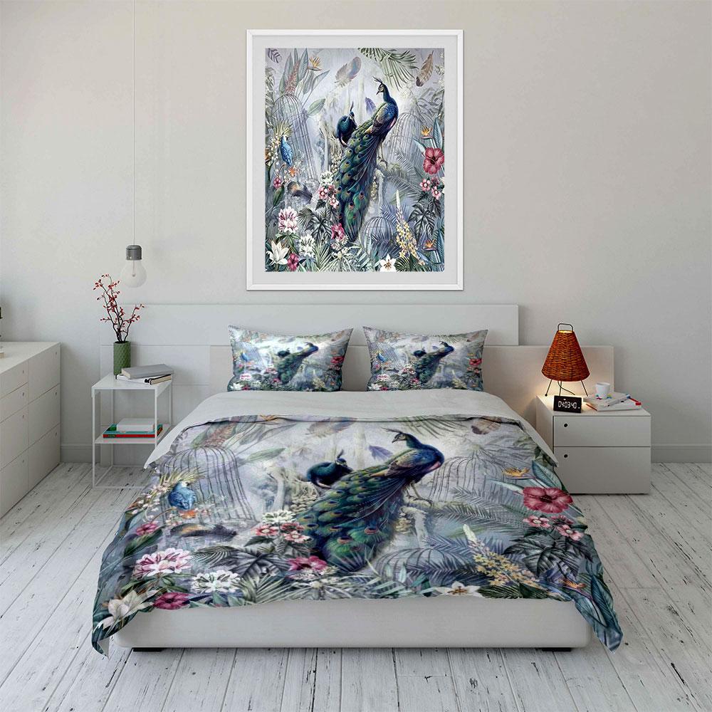 Watercolor Tropical Peacock Bird Cage Palm Floral Bedding Set 3pcsExotic Jungle Peony Leaf Print 1 Duvet Cover And 2 Pillowcase