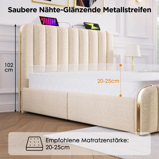 Upholstered Bed Double Upholstered Headboard with Golden Trim, USB Type-C Charging Function 180x200cm, Beige Linen Material with 4 Drawers, Load
