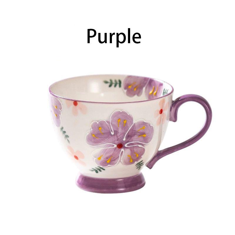 

1 шт. Цветочная керамическая кружка, термостойкая, для завтрака, молока, овса, чашка, нарисованная вручную, большой емкости, с ручкой, для сока, безопасная для микроволновой печи, 450 мл 450ml фиолетовый