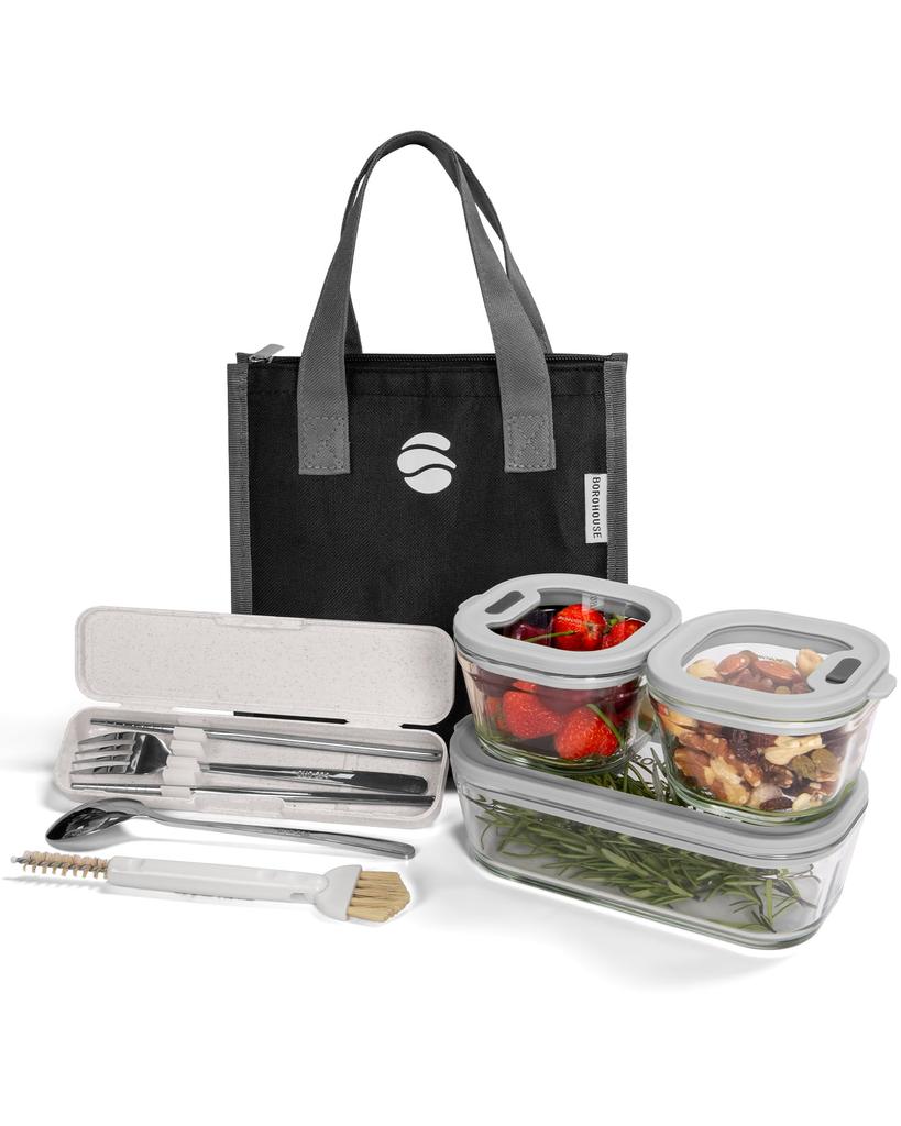 BOROHOUSE Glass Storage Set X 1 X and Freezer Silicone Airtight Lunch Box Set Lunch and Cleaning Perfect for Baby Gray Heat-Resistant Containers,