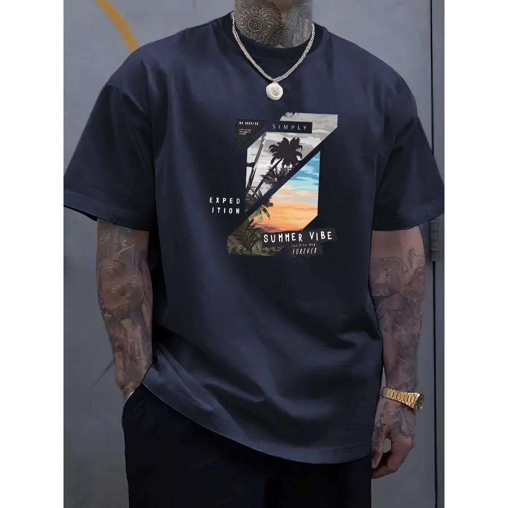 Vibrant Tropical Print Crew Neck Tee - Soft Slight Stretch Fabric, Rib-Knit, Regular Fit, Street Style, Novelty Top for Men