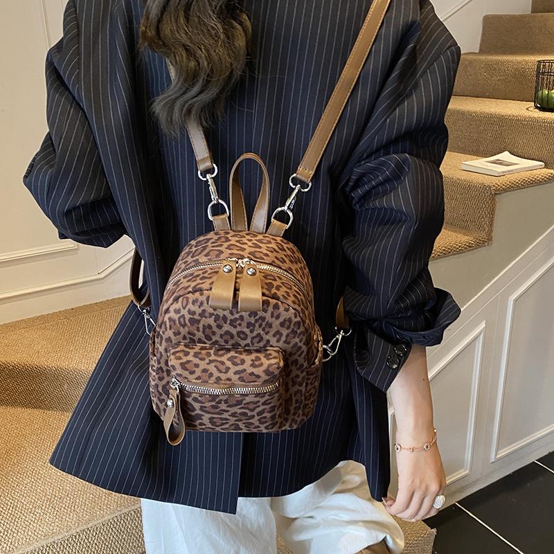 Leopard print backpack female fashion student class schoolbag street trend light travel small backpack