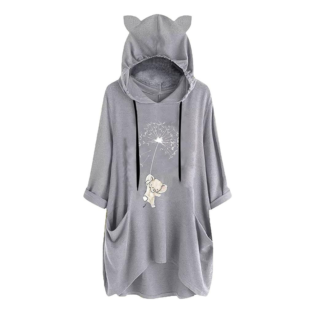 Women Casual Hooded Long Sleeves Elepha  Print Pocket Shirt Irregular Top Blouse