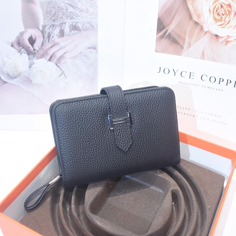 Portefeuille court pour femme en cuir de vachette véritable de haute qualité, double pli avec fermeture éclair, première couche de cuir de vachette, sac à main motif litchi fait main