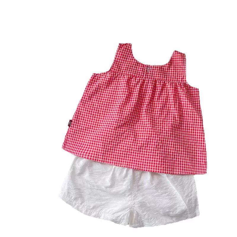 Girls' Houndstooth Summer Camisole & Cardigan Set with Lace Collar (2026 Korean Style)