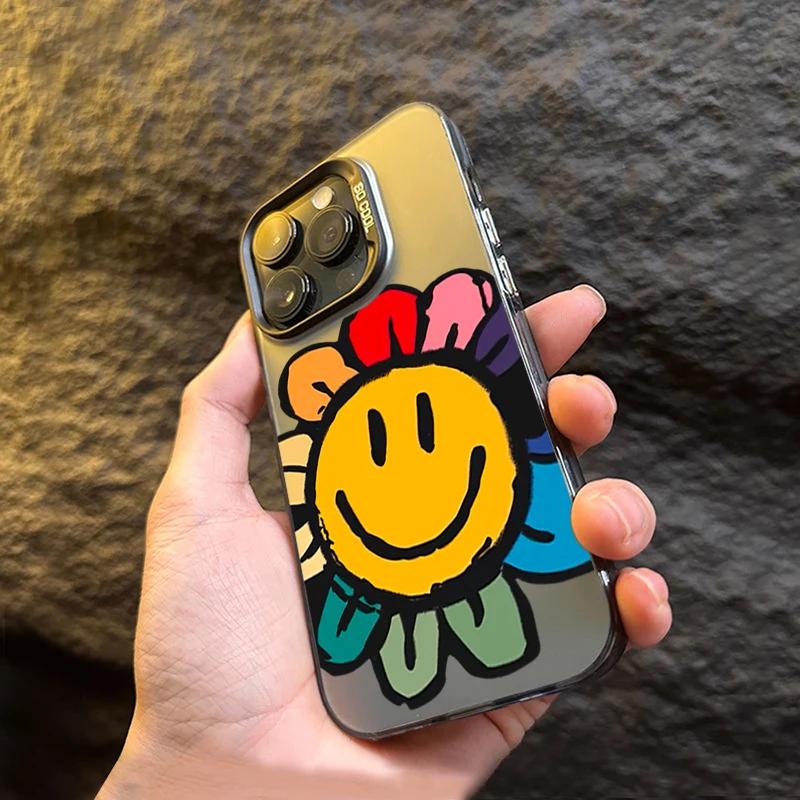 Floral Pattern Sun Smile Face Design For iPhone 16 15 Pro Max 14 13 12 11 ProMax Matte Hard Back Cover Case Funda Coque