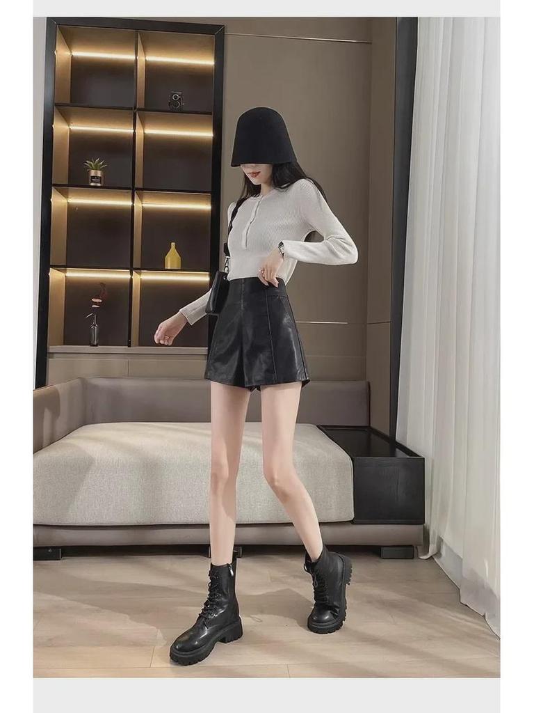 2024 Women's High-Waist PU Leather A-Line Wide-Leg Shorts for Autumn & Winter - Versatile Outdoor Wear