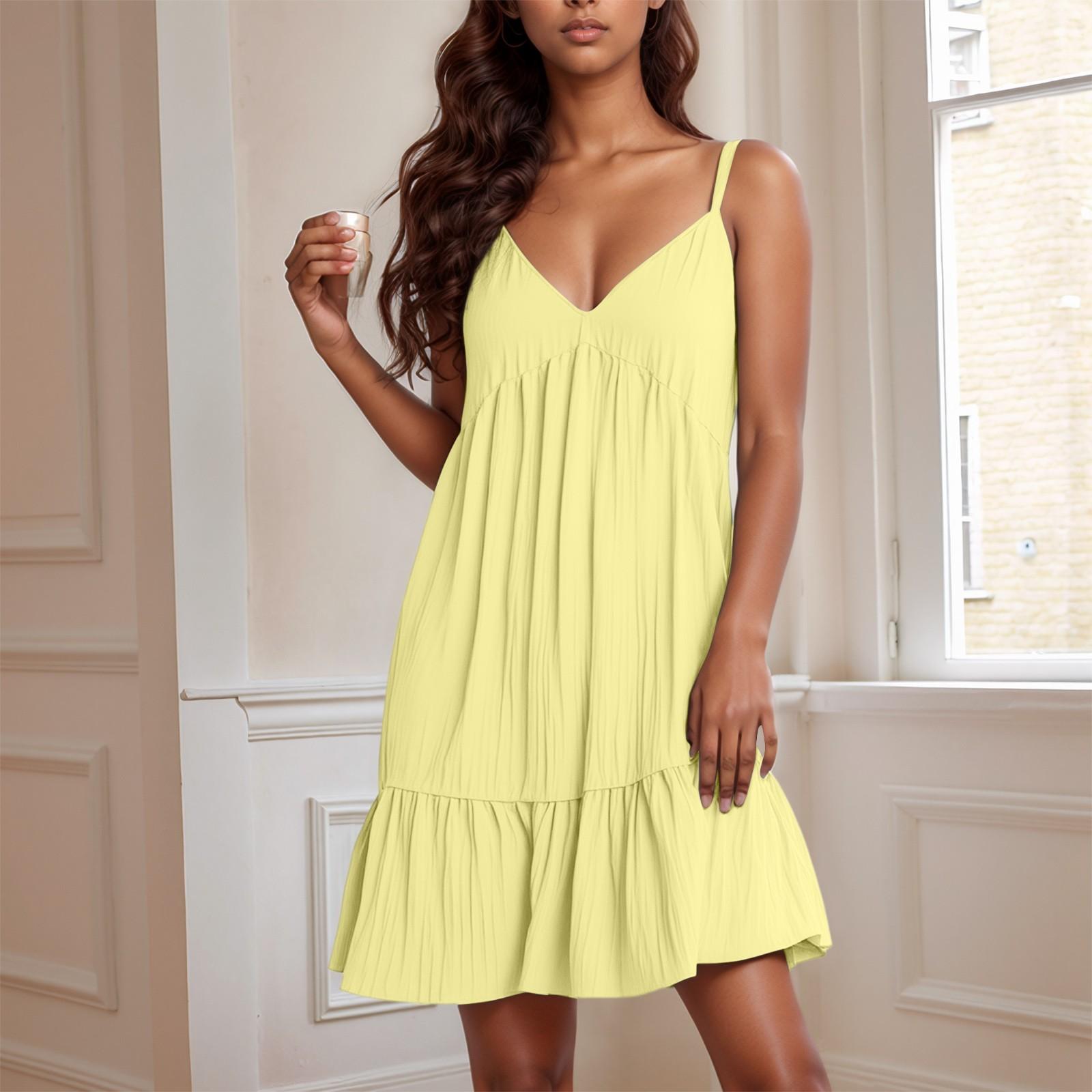 

Женское модное однотонное сексуальное платье с V-образным вырезом и подтяжками без рукавов для пляжного отдыха XL жёлтый