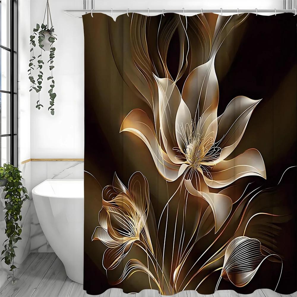 

Gold Floral Black Modern Aesthetic Shower Curtain, Bathroom Decorative Shower Curtain, Waterproof Shower Curtain With Hooks W60H190(CM)-1 Pcs