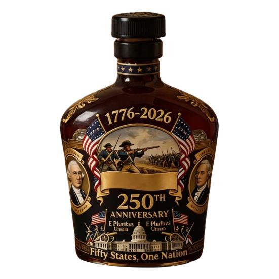 

250th Anniversary Wine Bottle Commemorative Colored Glass Wine Decanter with Founding Fathers Historic Images 1776-2026 Patriotic Decor чёрный