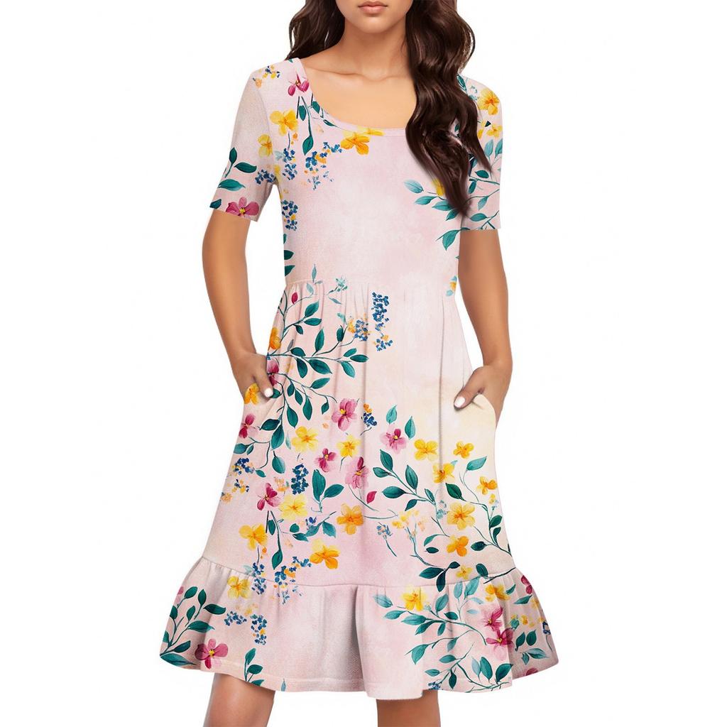 Damen Casual Rundhals Kurzarmkleid Lockeres Taillenplisseekleid Taillenplisseekleid