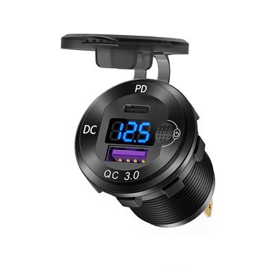 12-V-Aluminium-USB-C-Autoladegerät-Buchse PD 20 W und QC3.0 18 W Dual-USB-Autoanschluss mit Voltmeter-Schalter für Marine-Auto-LKW