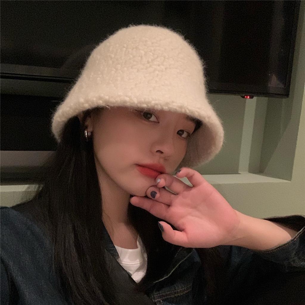 Lamb Wool Versatile Bucket Hat Women's Autumn and Winter Face Small Autistic Hat Retro Ins Thermal Basin Hat