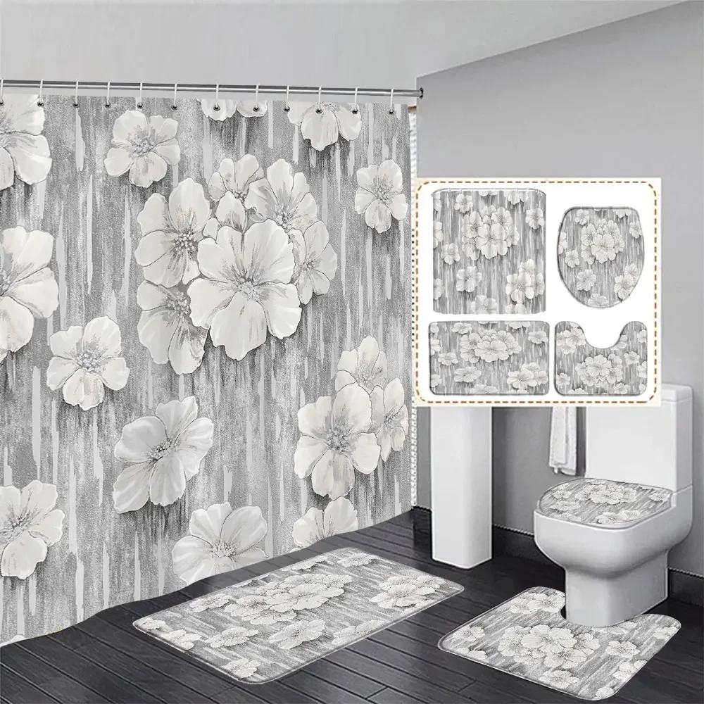 Elegant Bouquet Of Fantastic White Flowers 3D Style Shower Curtain Bathroom Curtain With Bath Rug Carpet Set Floral Home Decor