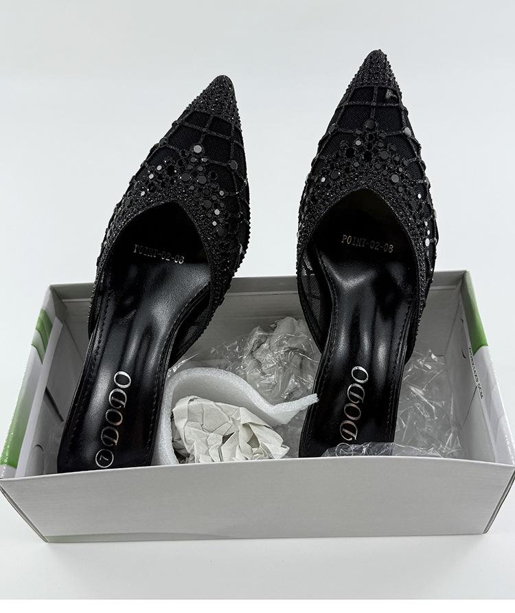 Women's Rhinestone Cap-Toe Stiletto Mules - Summer 2025 Cut-Out Mesh Backless Slippers