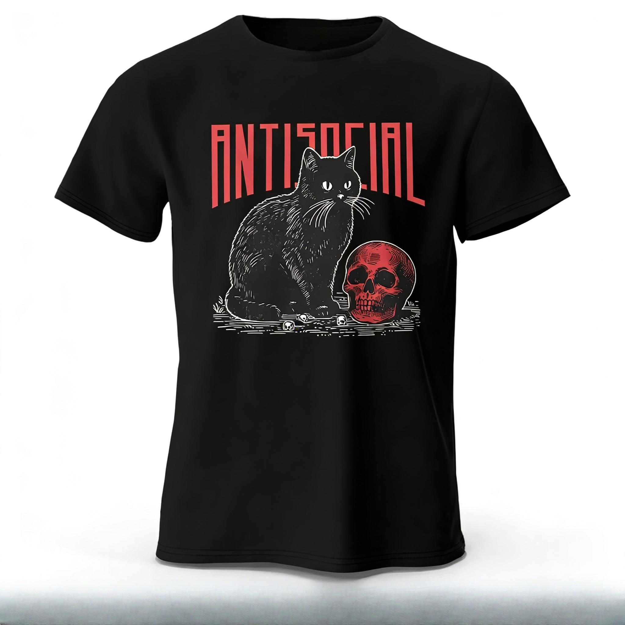 Black Cat Skull Antisocial Text T-shirt M
