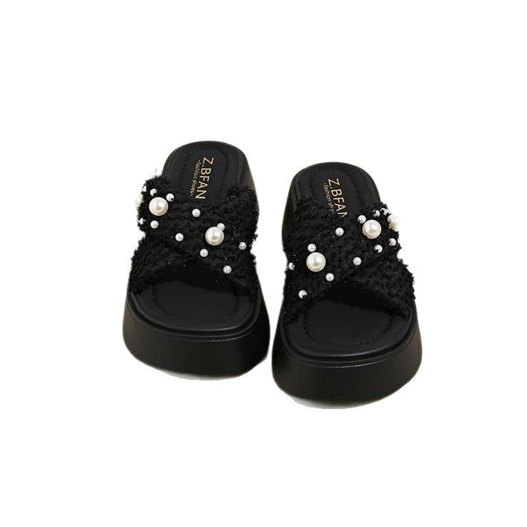 Thick bottom heightening fashion fairy wind cool slippers female 2025 summer new pearl Korean version beach one-word drag ins