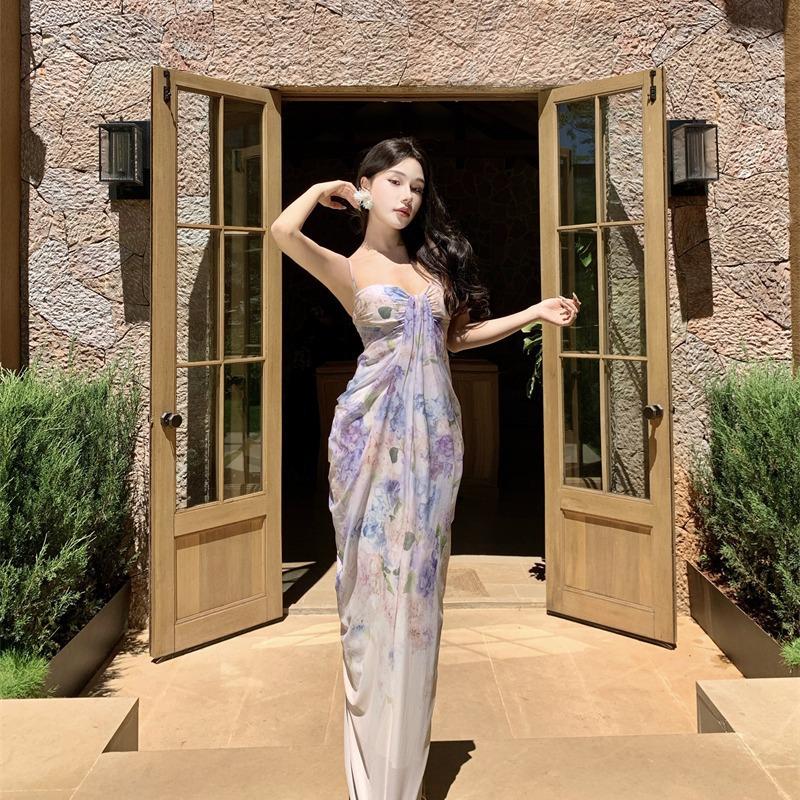 Hainan Sanya seaside vacation pure desire long dress French printing tie-dye tube top suspender dress women's summer
