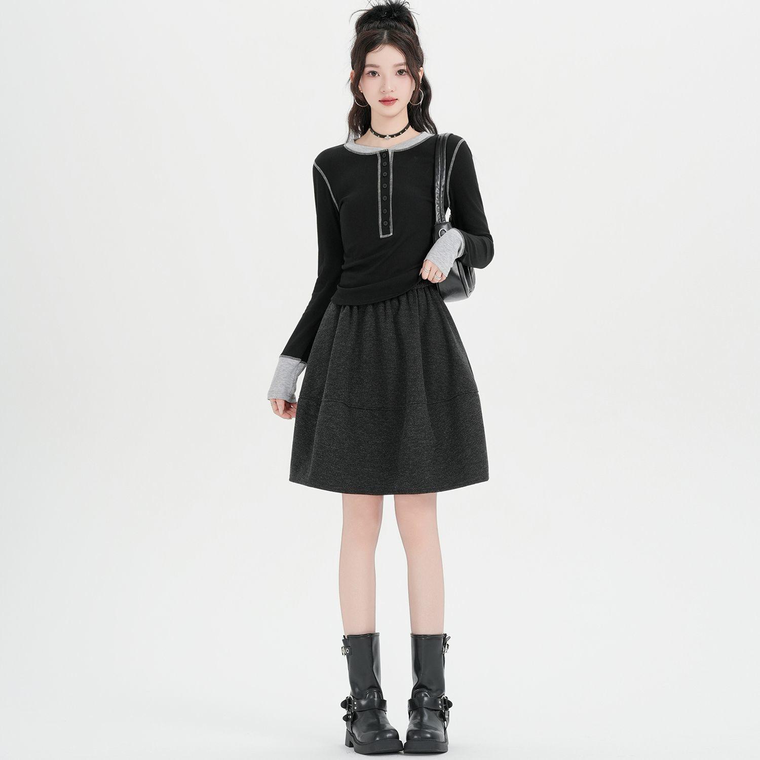 

Stylish High-Waisted Wool Patchwork A-Line Skirt for Women - Autumn/Winter Collection XL (115-130 jin) серый