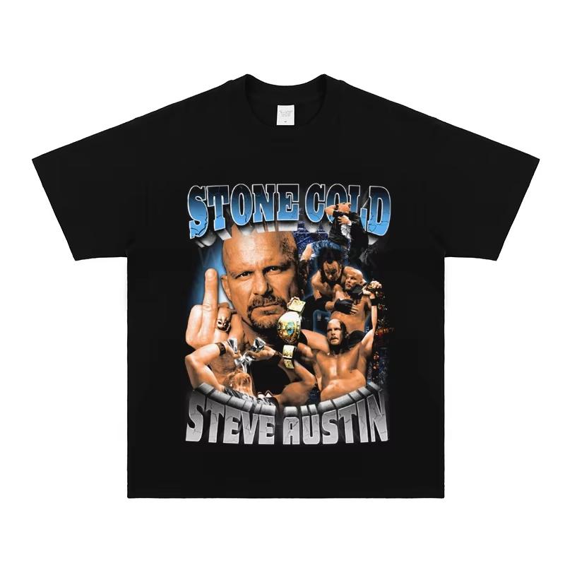 Summer Men New Stone Cold Steve Austin WWE Tshirts Wrestling Pure Cotton Vintage Short Sleeve T-shirt High Quality Luxury Brand