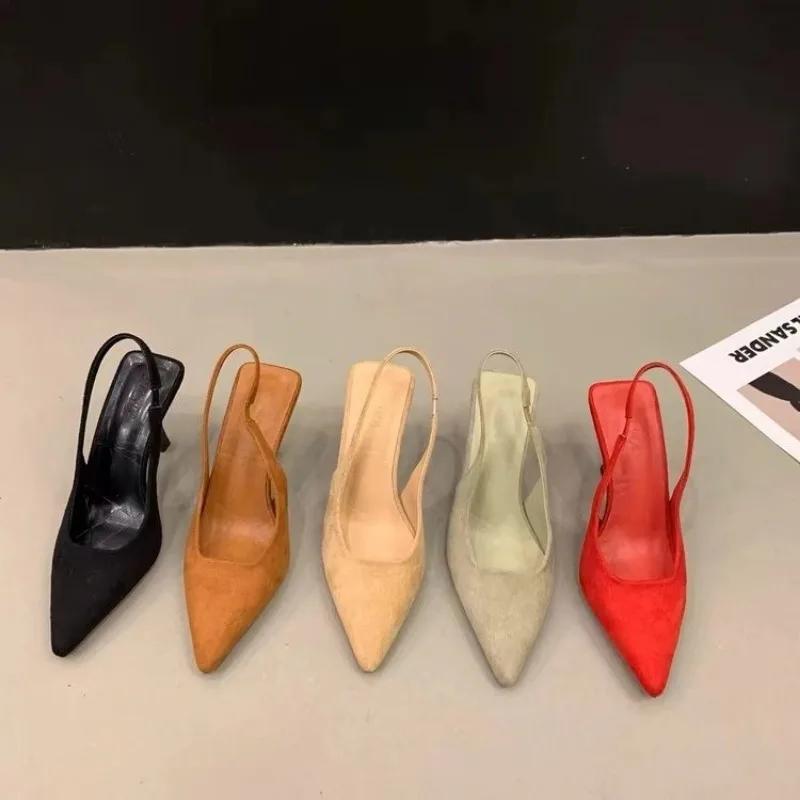 Fashion 2024 New Women's Shoes One-line Fine Heel Pointed Toe Women Sandals Suede High Heels Slingback Women Sandals Zapatos De Mujer