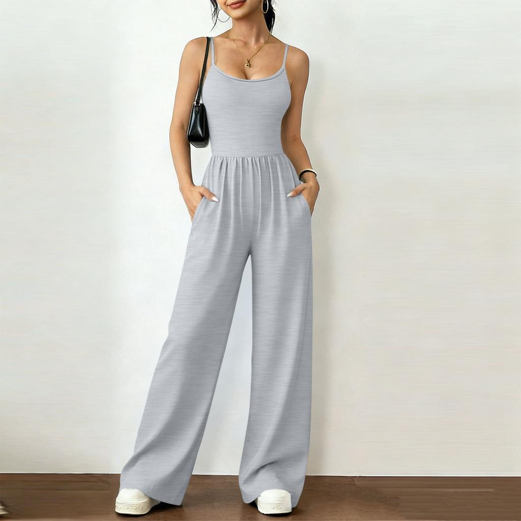 Women's Fashionable Casual Plain-Coloured -Neck Wrap-Around Wide-Leg Loose-Fit Jumpsuit