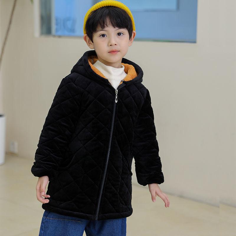 Boys Children's Plus Velvet Thickened Mid-length Hooded Cotton Overalls Fashionable and Warm To Wear Outside