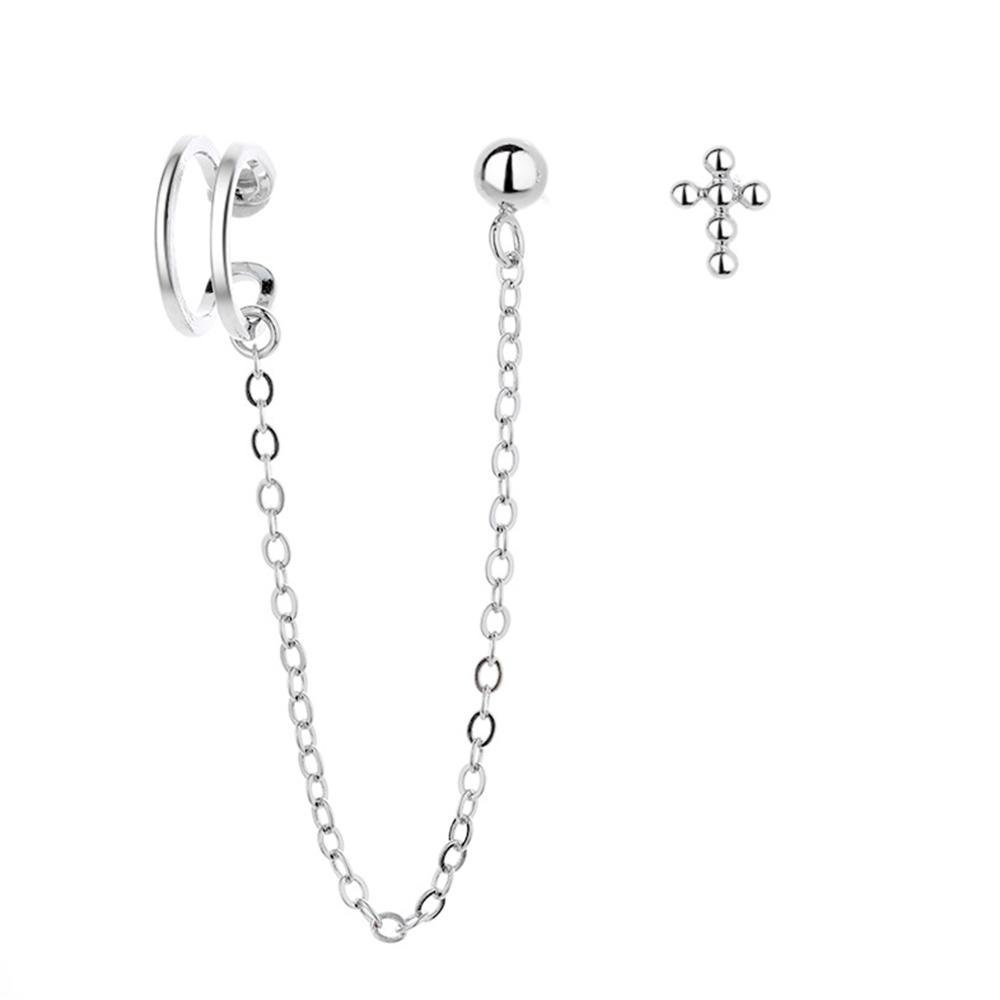 Women Long Chain Tassel Asymmetry Punk Clip Earrings Cross Earcuff Ear Bone Clips Chain Earrings