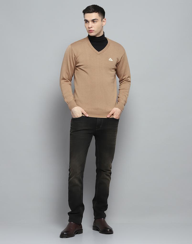 MONTE CARLO Mens Solid Khakhi V Neck Full Sleeve Pullover