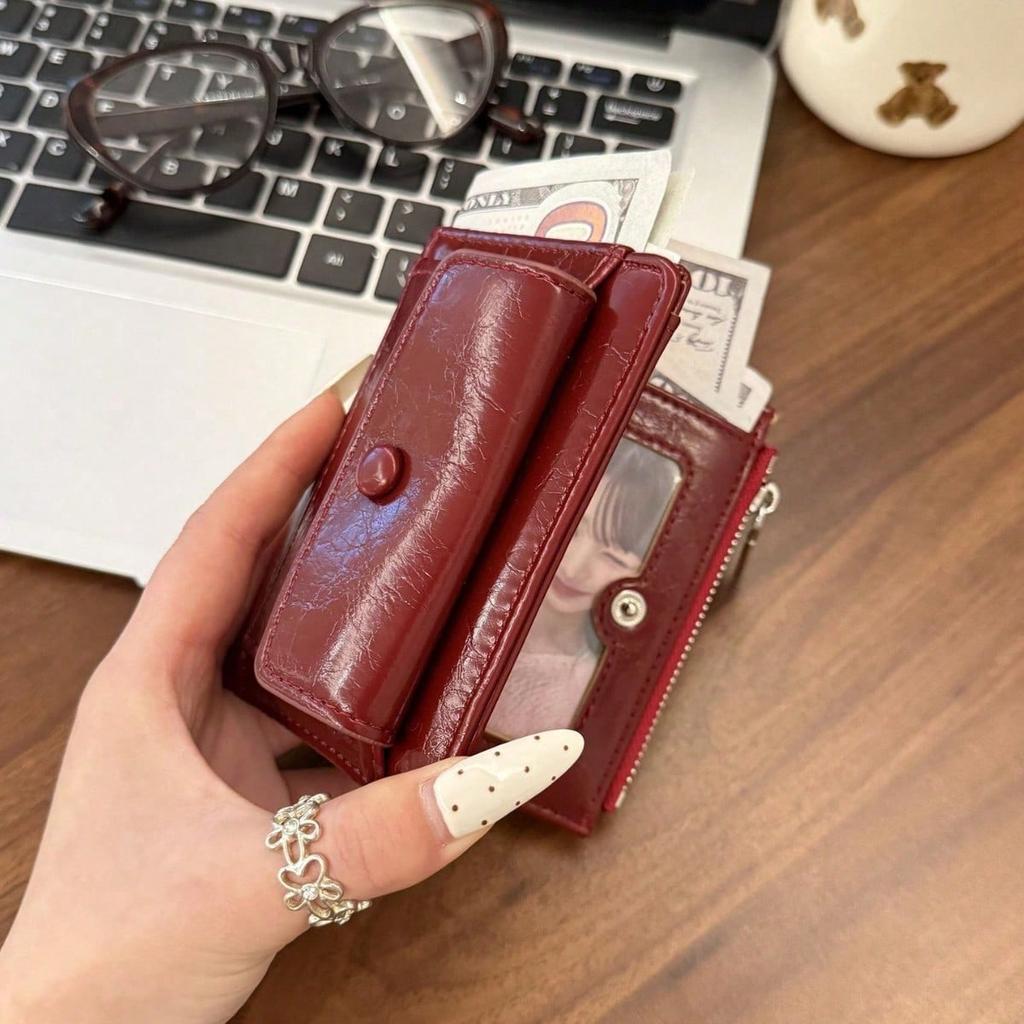 Retro oil wax leather red short wallet women's multi-card card bag student zipper multi-function wallet card holder New Year