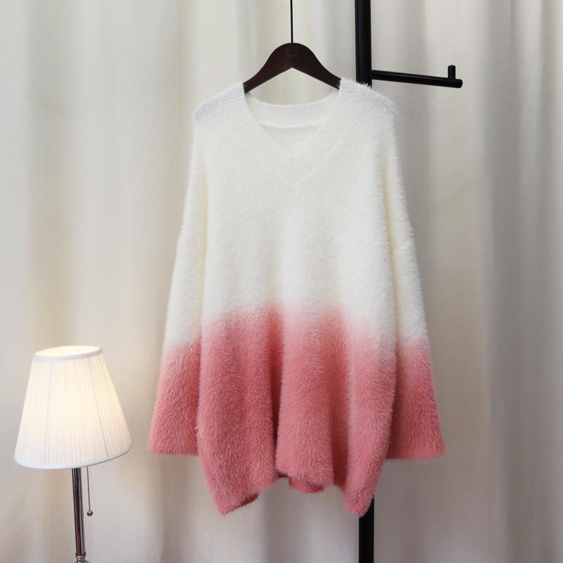 Imitation mink fleece sweater pullover women's autumn and winter new gradual change of color soft waxy loose knitted sweater top