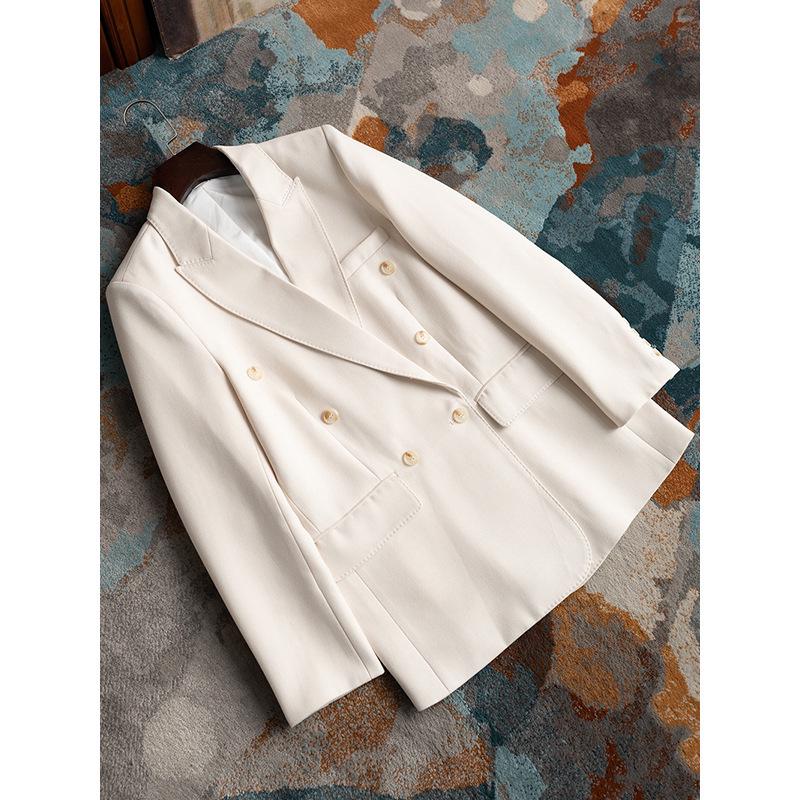 

Однотонный двубортный пиджак из шелковой шерсти, сшитый вручную XXL грязно-белый