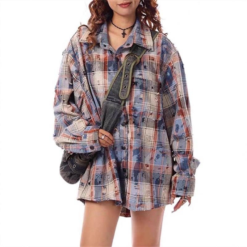 Women Loose Distressed Plaid Long Sleeve Vintage Casual Shirt Blouse Outerwear