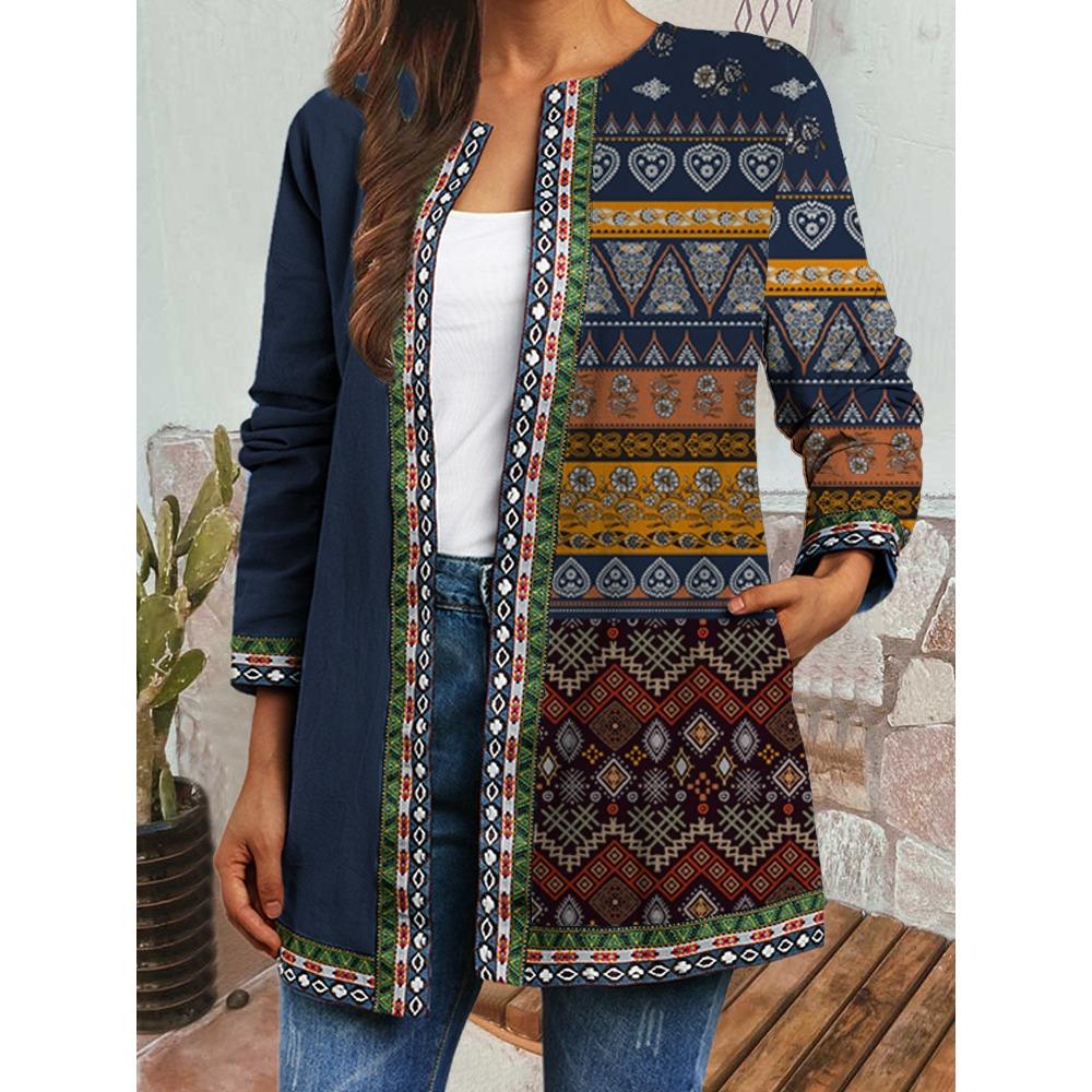 GMXIA Herbst Winter Vintage Ethnischer Stil Druck Übergröße Jacke Strickjacke Damenbekleidung